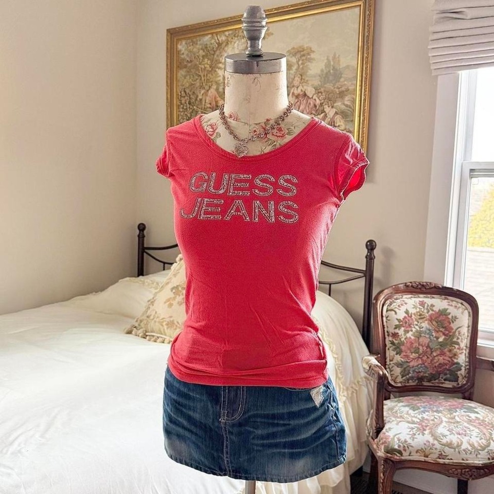red bling guess top‎  Y2K guess jeans tee size medium